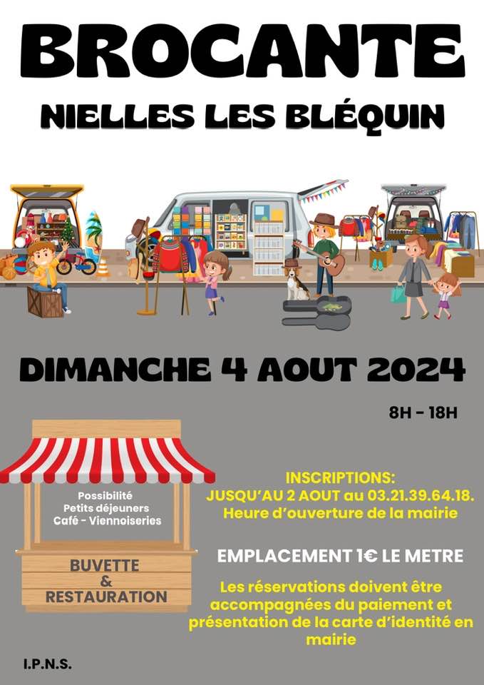 Brocante de Nielles-lès-Bléquin le 4 août de 8h à 18h - Buvette et restauration sur place