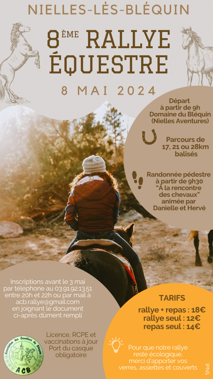 Rallye équestre de Nielles-les-Bléquin le 8 mai 2024. Départ à partir de 9h - 3 parcours : 17, 21 ou 28km. Randonnée pédestre à partir de 9h30 "A la rencontre des chevaux". 